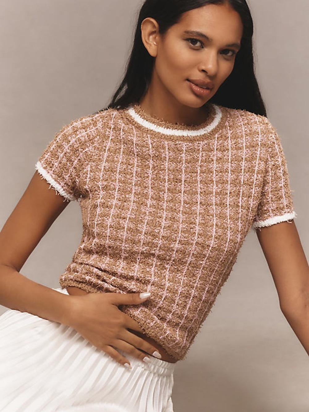 Endless Rose Textured Crewneck Top in Camel and White and a light blush pink.